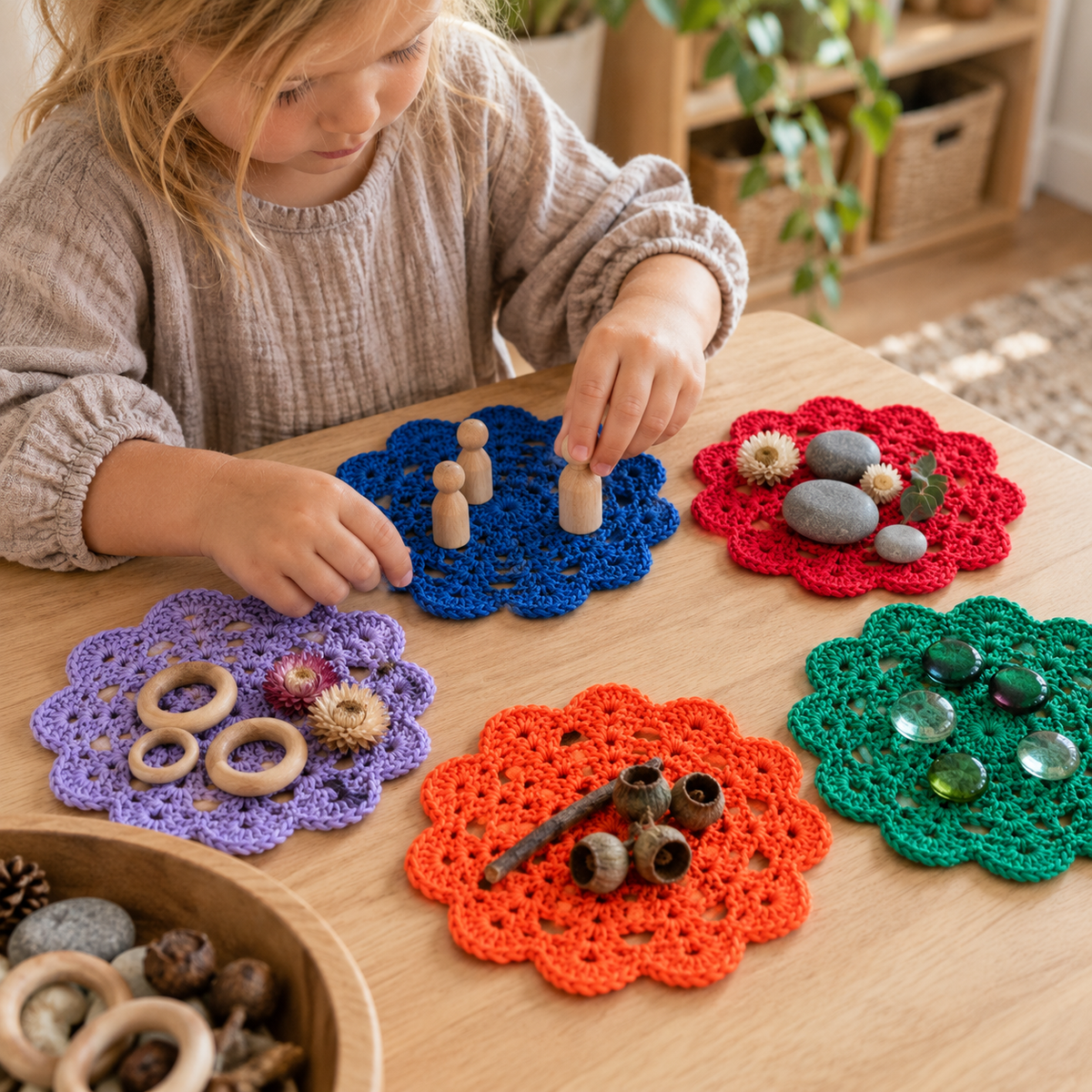 Crochet Flowers |Tactile Loose Parts | Open-Ended Play Set | Textural Sensory Exploration
